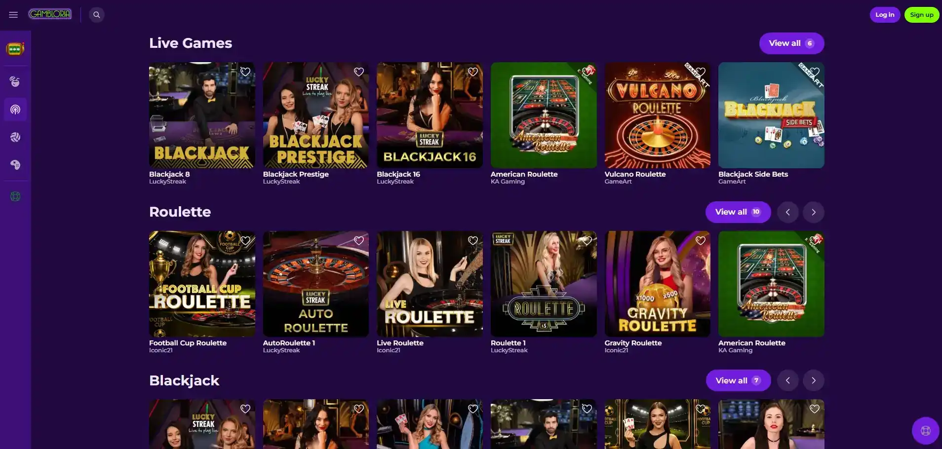 Gambloria live casino lobby with live dealer game tiles