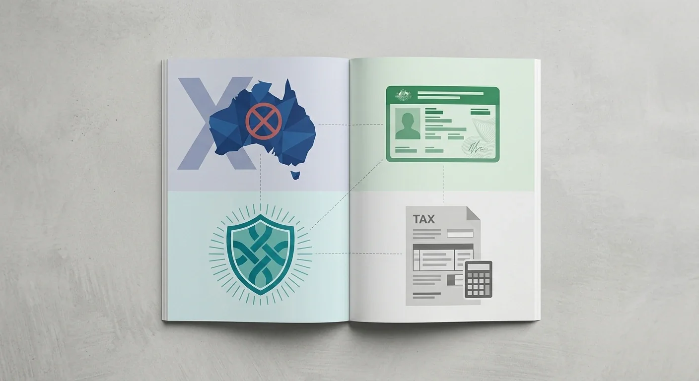 Australia compliance diagram separating online casino prohibition, licensed wagering, BetStop coverage and tax context