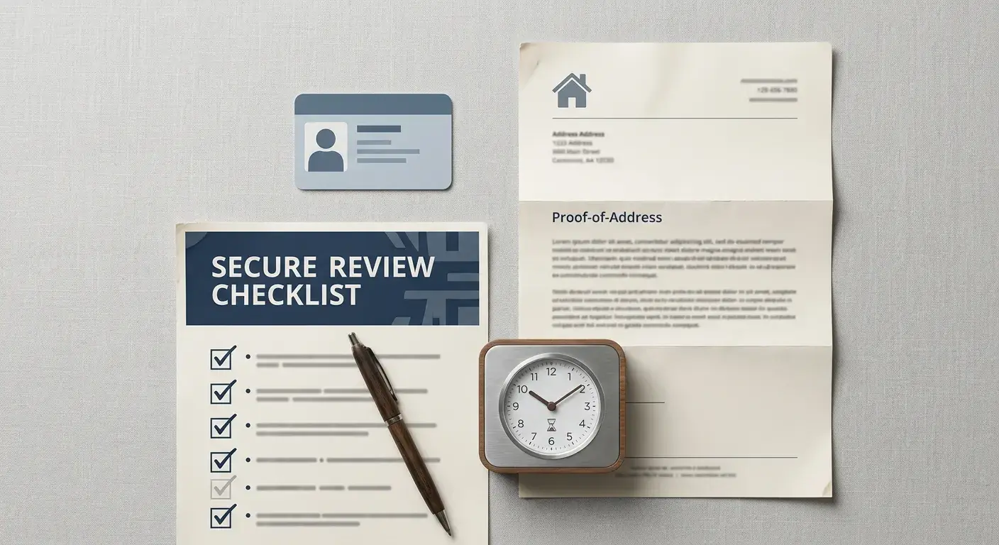 Neutral identity-verification illustration showing ID, proof of address and a secure document review workflow