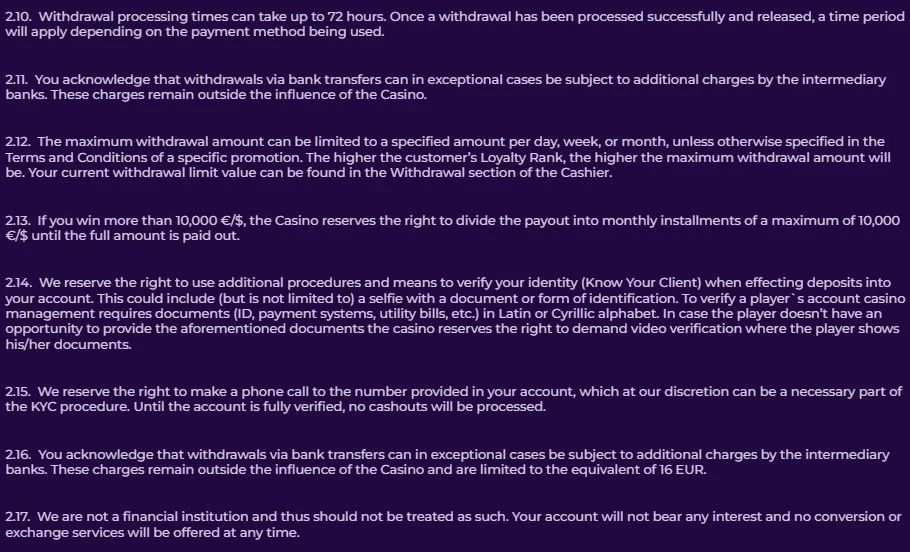 Gambloria official payout terms showing withdrawal processing and Cashier limit wording