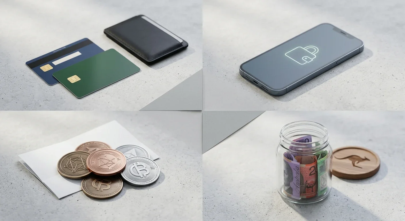 Comparison of cards, mobile wallets, crypto and Australian dollar payment context