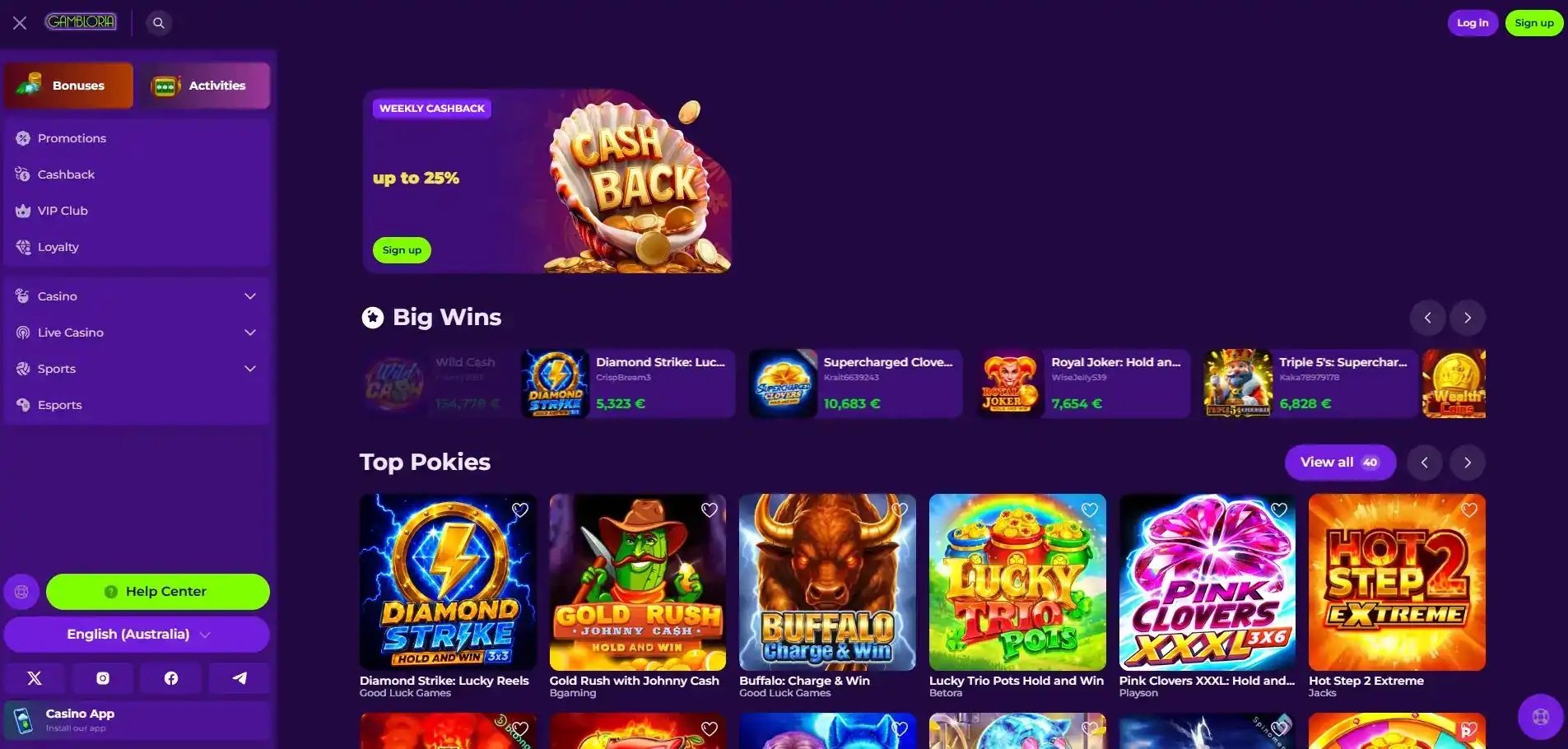 Gambloria Australia-facing page showing English Australia localisation