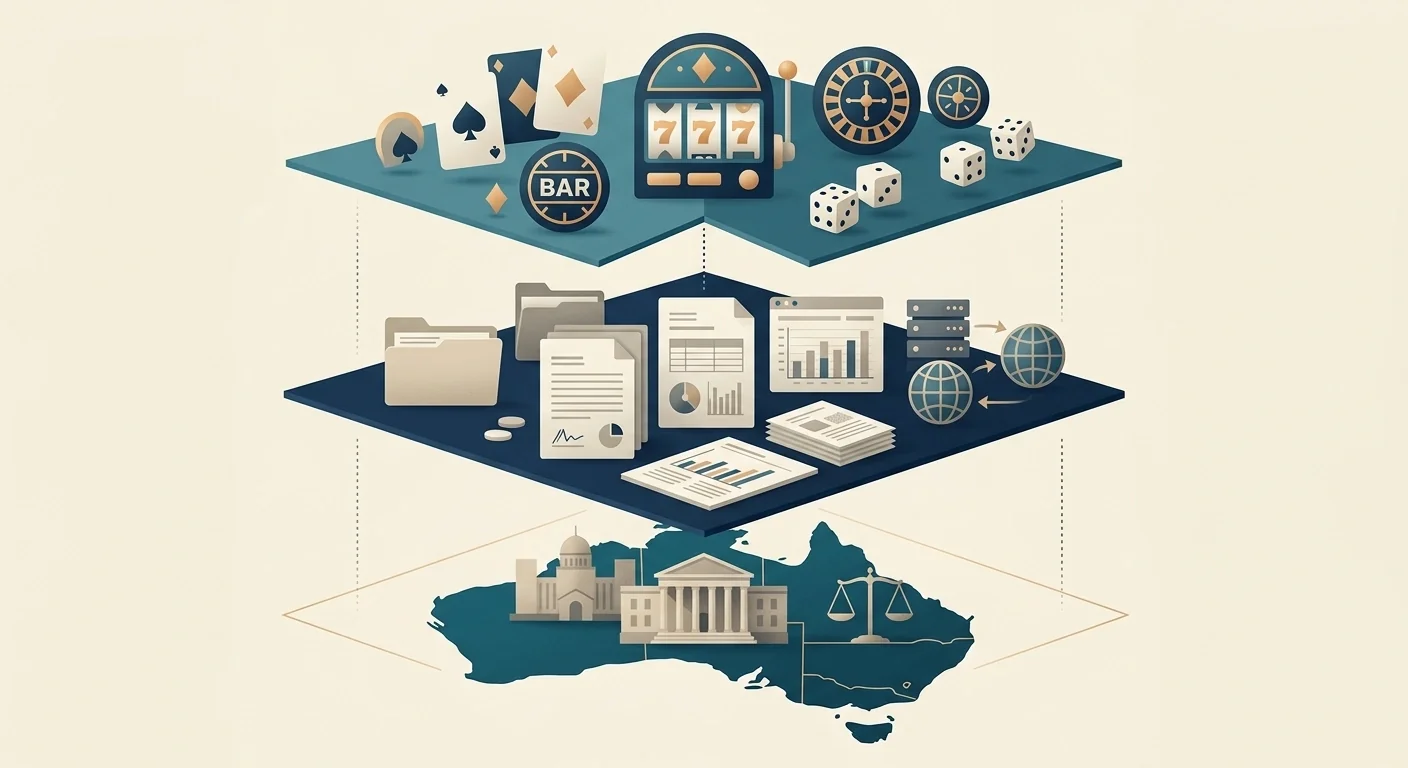Diagram separating Gambloria product features, offshore operator records and Australian ACMA legal context